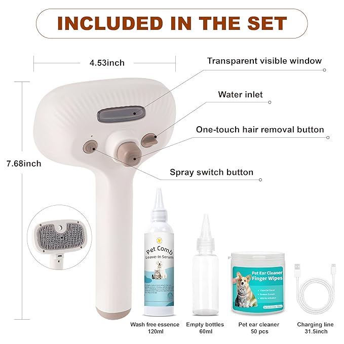 Cat Steam Brush, Dog Brush for Shedding, Pet Spray Hair Removal Comb, Pet Brush for Short &amp; Long Hair, USB Rechargeable Grooming Supplies, Spritz Defur Comb with Finger Wipe for Teeth (White)