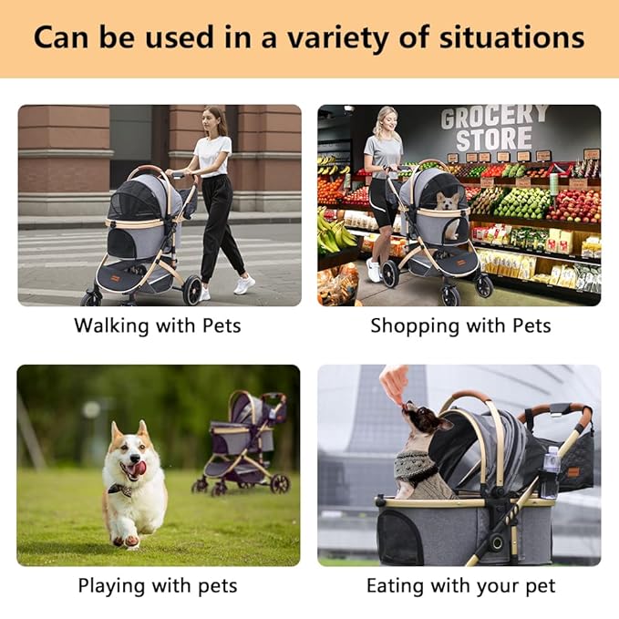 Pettingzoo Dog stroller with 4 Wheels, Folding Cat Stroller for Small/Medium/Large dogs &amp; cats to 60 lbs, pet stroller with removable carrier, Storage BasketCup Holder,3 in1 Multifunctional Detachable