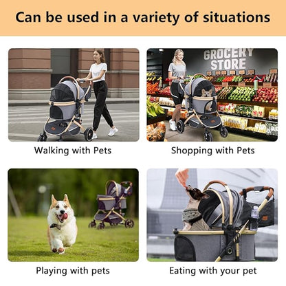 Pettingzoo Dog stroller with 4 Wheels, Folding Cat Stroller for Small/Medium/Large dogs &amp; cats to 60 lbs, pet stroller with removable carrier, Storage BasketCup Holder,3 in1 Multifunctional Detachable