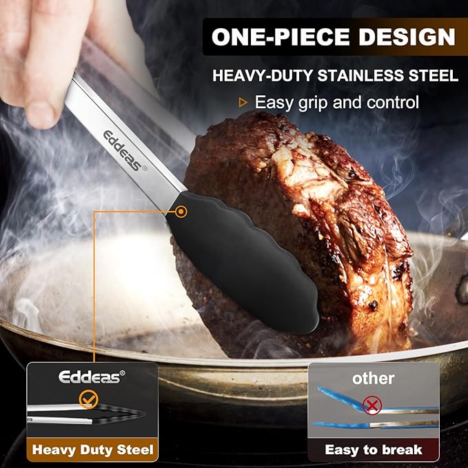 Kitchen Tongs with Silicone Tips, Heat Resistant 600 Degrees All Metal handle Locking Tongs For Cooking with Rubber Tips, Heavy Duty Stainless steel Food Tongs, Set of 3-7" 9" &amp; 12" Black