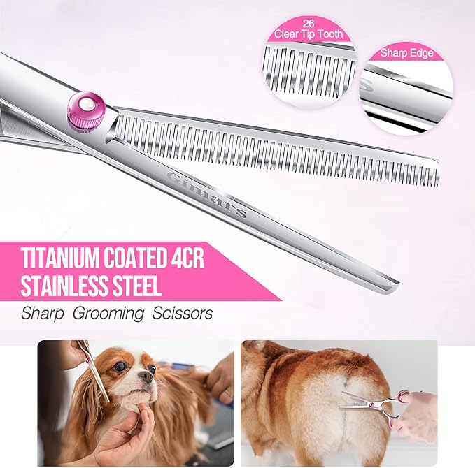 Gimars Dog Grooming Scissors Kit Professional 4CR with Safety Round Tip, 5 in 1 Heavy Duty Titanium Coated Thinning &amp; Curved &amp; Straight Shears
