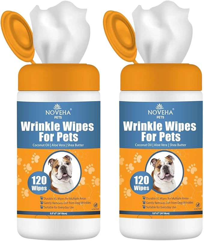 NOVEHA Wrinkle XL Wipes for Dogs | Wipes for Bulldog, French Bulldog, Pug, English Bulldog – Wipes for Multiple Areas Removes Dirt, Wrinkles, Folds, Tear Stain, Tail Pockets &amp; Paws (240 Counts)