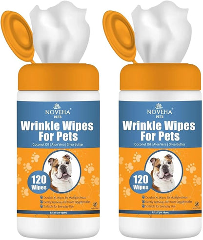 NOVEHA Wrinkle XL Wipes for Dogs | Wipes for Bulldog, French Bulldog, Pug, English Bulldog – Wipes for Multiple Areas Removes Dirt, Wrinkles, Folds, Tear Stain, Tail Pockets &amp; Paws (240 Counts)