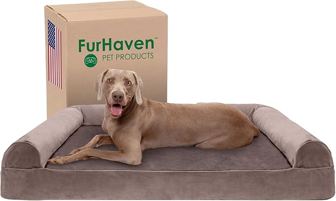 Furhaven Cooling Gel Dog Bed for Large Dogs w/ Removable Bolsters &amp; Washable Cover, For Dogs Up to 125 lbs - Faux Fur &amp; Velvet Sofa - Driftwood Brown, Jumbo Plus/XXL