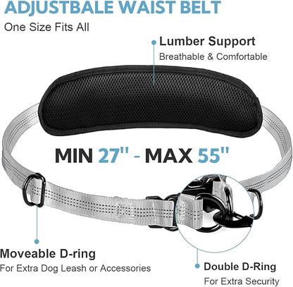 Hands Free Dog Leash, Adjustable Waist Belt with Double Padded Handles, Retractable Bungee for Medium &amp; Large Dogs, Waist Leash for Dog Walking, Running, No Pull, Grey