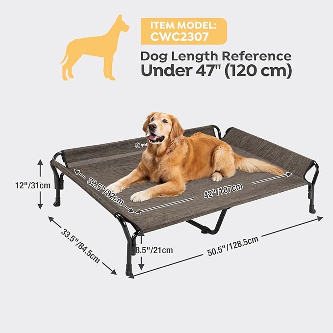 Veehoo Cooling Elevated Dog Bed, XL Raised Pet Cot with Guardrail &amp; Slope Headrest, Durable Breathable Teslin Mesh, Non-Slip Feet, Washable Dog Couch Bed for Indoor &amp; Outdoor, 50.5" x 33.5, Brown