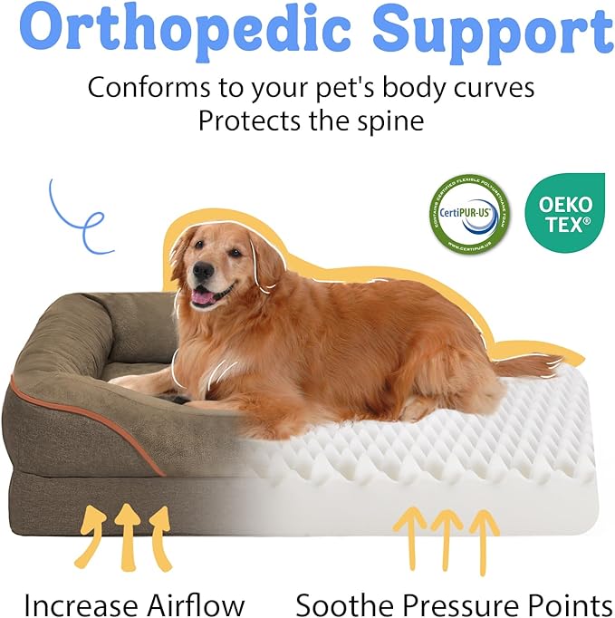Orthopedic XL Large Dog Bed - Removable Bolster &amp; Waterproof Washable Cover for Pet Big Dogs Bed Extra Large Dog Beds with Foam Support Non-Slip Bottom