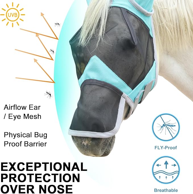 Horse Fly Mask with Ears &amp; Long Nose Cover | Forelock Opening for Tangle-Free Mane Care | UV Protection &amp; Breathable Mesh | No Rub Fit and Enhanced Visbility for Trail Riding Turquoise Pony