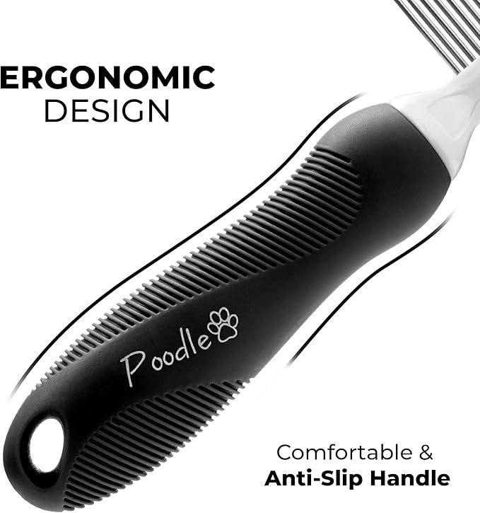 POODLIE Poodle Pet Dog Combs for Grooming Matting - Metal Comb for Dogs with Long &amp; Short Stainless Steel Teeth - Dematting Comb for Cats to Remove Matted Hair &amp; Knots, Black