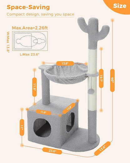 Cactus Cat Tree Cat Scratching Post 40" Cat Tower with Large Metal Carpet Hammock, Cat Scratching Post for Indoor Cats with Condo&amp; Dangling Ball, Grey