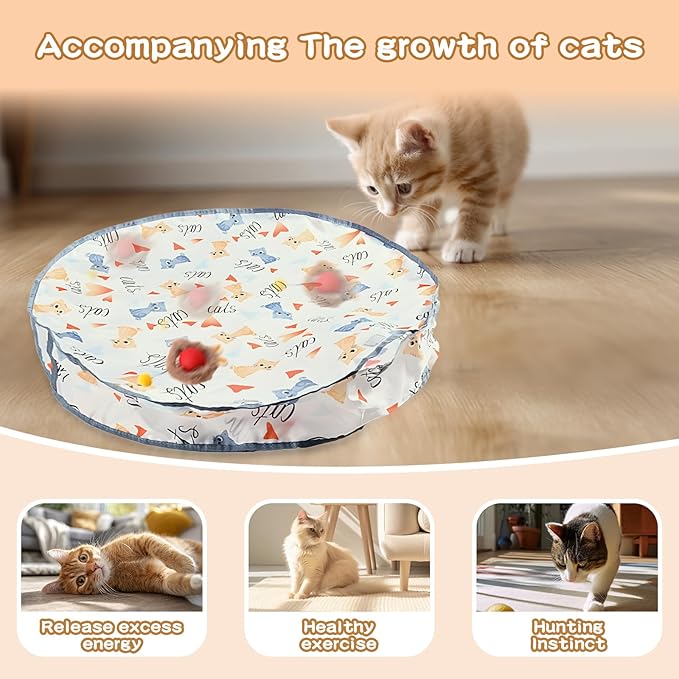 Rocfish Interactive Cat Toys Ball - Automatic Fast Rolling Ball in Play Mat, Hide and Seek Mouse Catching Game, Low-Noise Cat Enrichment Toys in Pouch for Indoor Bored Cats (Red Toy &amp; Round Mat)