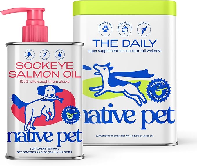 Native Pet The Daily Dog Supplement (60 Scoops) &amp; Salmon Oil for Dogs &amp; Cats (8 Oz) - 11 in 1 Multivitamin &amp; Pure Omega-3 Fish Oil Supplement for Skin &amp; Coat, Joint, Heart Health &amp; Anti-Inflammatory