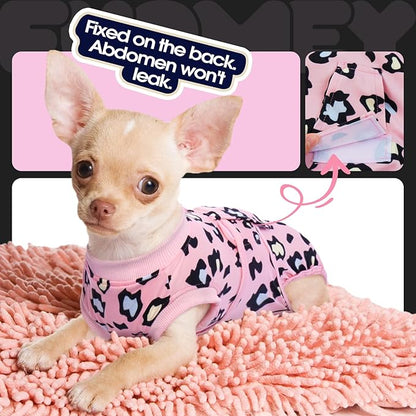 FUAMEY Recovery Suit for Dogs After Surgery,Soft Breathable Dog Bodysuit E-Collar &amp; Cone Alternative Surgical Suit,Male Female Dog Neuter Spay Suits Anti Licking Wounds Onesie Pink Leopard XS