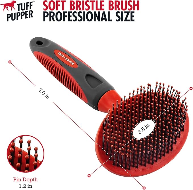 Tuff Pupper Round Bristle Soft Brush for Dogs and Cats | Gentle Grooming for Short or Long Hair | Soft Pin Tool for Sensitive Skin | Detangle &amp; Remove Loose Fur | For Dematting &amp; Detangling Undercoat