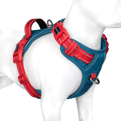 PHOEPET No Pull Dog Harness, Unique Colors Reflective Adjustable Dog Vest, with Soft Training Handle Metal Clips for Small Medium Large Dogs (Teal Base &amp; Red Straps,S)