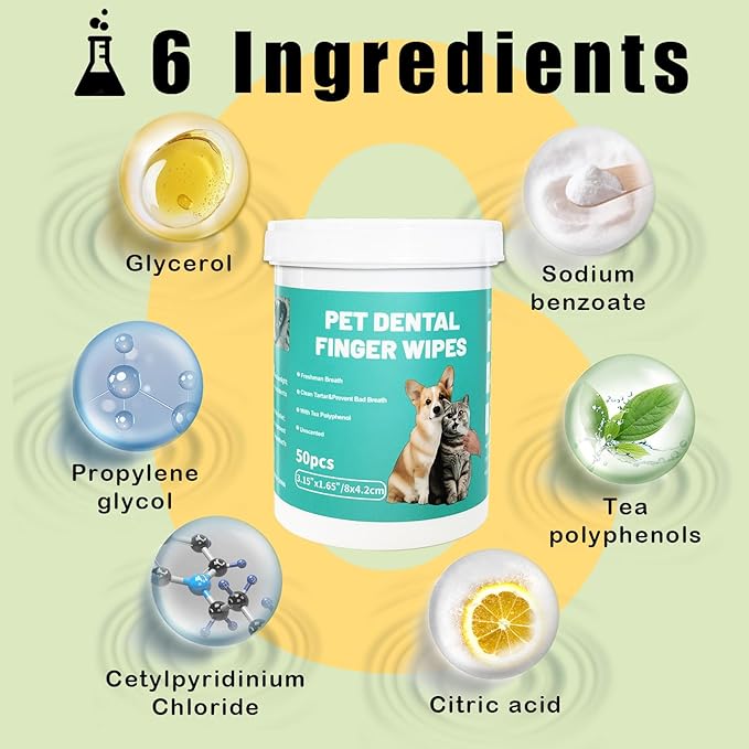Dog Teeth Dental Finger Wipes for Dogs &amp; Cats No-Rinse Dog Finger Toothbrush Dog Plaque &amp; Tartar Prevention with Brushing Beads Dog Breath Freshene 50pcs