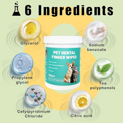 Dog Teeth Dental Finger Wipes for Dogs &amp; Cats No-Rinse Dog Finger Toothbrush Dog Plaque &amp; Tartar Prevention with Brushing Beads Dog Breath Freshene 50pcs