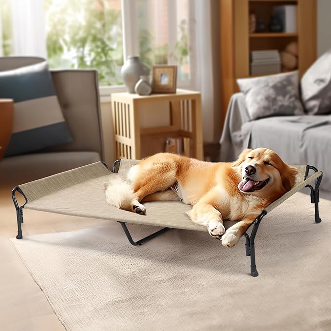 Veehoo Cooling Elevated Dog Bed, Guardrail Raised Pet Cot, Indoor &amp; Outdoor XXL Pet Bed with Washable &amp; Breathable Teslin Mesh, Non-Slip Feet, Dog Couch Bed, 62.5" x 37", Beige Coffee