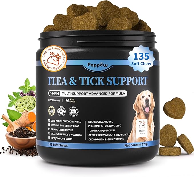 Dog Flea and Tick Support Chewable, Natural Dog Flea Comfort Supplement, Oral Chews with Neem, Oregano Oil, Pumpkin Seed Oil &amp; Brewer&