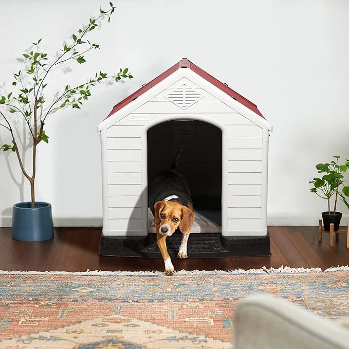 LEMBERI Durable Waterproof Plastic Dog House for Small to Large Sized Dogs, Indoor Outdoor Doghouse Puppy Shelter with Elevated Floor, Easy to Assemble (Red, 34&