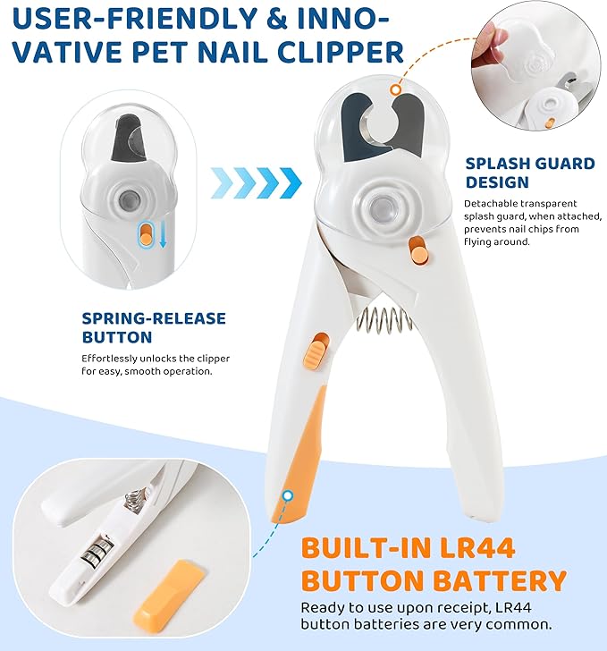Pet Nail Clipper with Light for Cats &amp; Small Dogs Puppies, Ultra Bright LED to Illuminate Nail Bloodline to Avoid Over Cutting, Extra-Sharp and Durable Cat Claw Trimmer with Nail File (White)