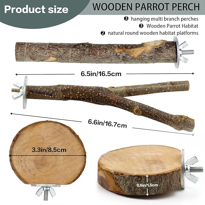 Natural Wood Bird Perches for Cage, Parrot Perch Stand &amp; Platform, Bird Cage Accessories for Parakeets, Cockatiels, Conures, Lovebirds (Brown, Core Perch &amp; Platform - 8PCS)