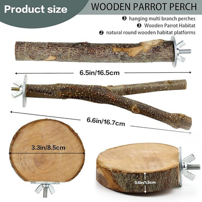 Natural Wood Bird Perches for Cage, Parrot Perch Stand &amp; Platform, Bird Cage Accessories for Parakeets, Cockatiels, Conures, Lovebirds (Brown, Core Perch &amp; Platform - 8PCS)