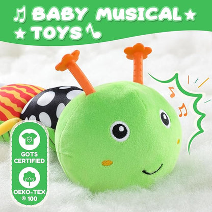 Baby Toys 0-6-12 Months,Musical Caterpillar Stuffed Animals Activity Infant Toys with Crinkle,Rattles,Mirror&amp;Pull String,Muti-Sensory Toys Gifts for Newborn Tummy Time,Green,Knot prolegs