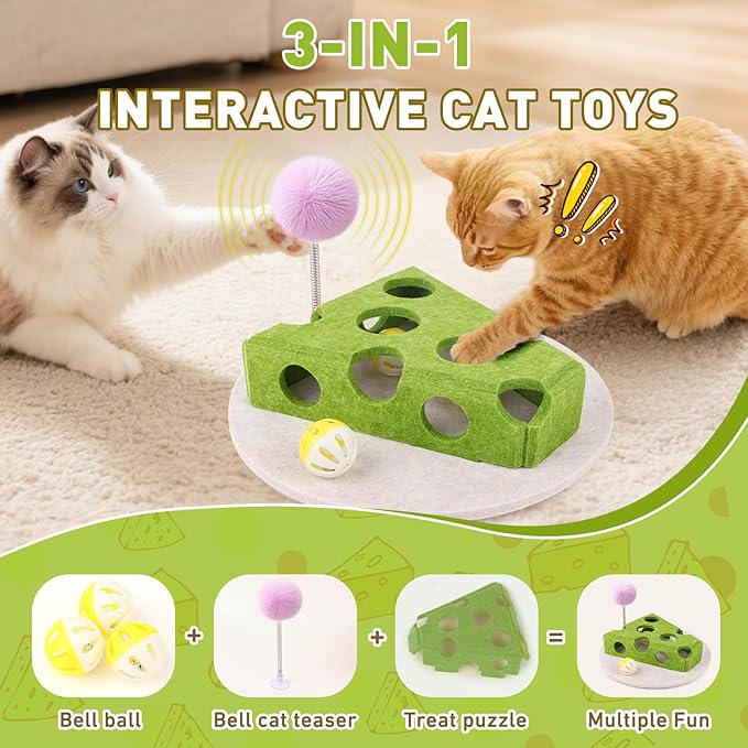 Interactive Cat Puzzle Toy for Indoor Cats &amp; Kittens - Fun Track Balls &amp; Spring Teaser in Stimulating Felt Puzzle Box (Green) - Mental Enrichment Game