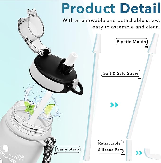 Enerbone Water Bottle, Leakproof BPA &amp; Toxic Free, Motivational Water Bottle with Times to Drink and Straw, Fitness Sports Water Bottle with Strap for Office, Gym, Outdoor Sports
