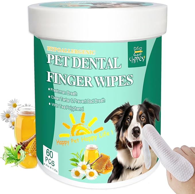 60 Count Dog Dental Wipes - Teeth Cleaning Finger Wipes for Dogs &amp; Cats, Hypoallergenic Dog Toothbrush Finger Dental Wipes to Remove Plaque &amp; Tartar, Freshen Bad Breath, Gentle Cleaning(4.7″*1.7″)