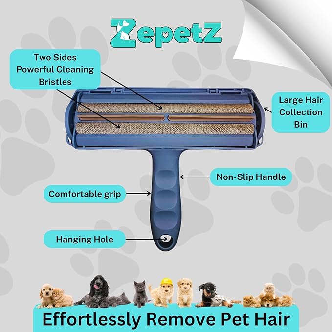 Pet Hair Removal Tool – Reusable Lint Roller for Dogs &amp; Cats – Self-Cleaning Fur Remover Brush – Ergonomic Lint Roller for Carpet, Bedding, Couch, Car Seat &amp; More (Blue)