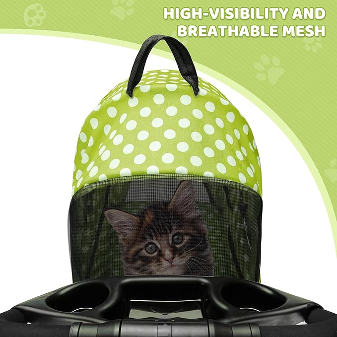 Magshion Foldable Pet Stroller, 3-in-1 Dog Travel Jogger with Detachable Carrier, Cup Holder, Storage Basket, Folding Carrier for Small/Medium Dogs &amp; Cats Up to 33 lbs, Lawn Green Polka Dots