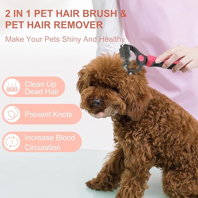 Pet Grooming Brush, Double Sided Undercoat Rake for Dogs &amp; Cats, Professional Deshedding Brush and Dematting Tool, Safe and Effective Removing Knots, Mats, Tangles,and Flying Hair (Pink)