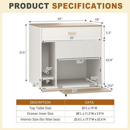 Cat Litter Box Enclosure - Indoor Litter Box Furniture Hidden with Drawer and Door - 32"x19"x32"H
