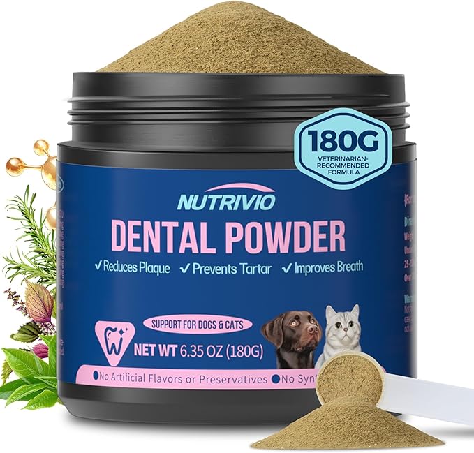 Dental Powder for Dogs &amp; Cats - 5 Strains of Probiotics with 10B CFU, Natural Ingredients for Plaque &amp; Tartar Control, Fresh Breath Oral Care,Safe for All Breeds &amp; Ages Pets - 6.35oz(180g)