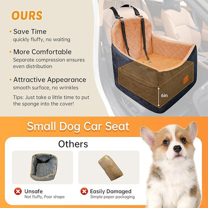 Dog Car Seats for Small/Medium Dogs, FurFrolic Memory Foam Dog Booster Seat for Small Dogs up to 35 lbs, Travel Pet Car Seat with Washable Detachable Cover, Storage Pockets, 2 Safety Belt, Black Brown