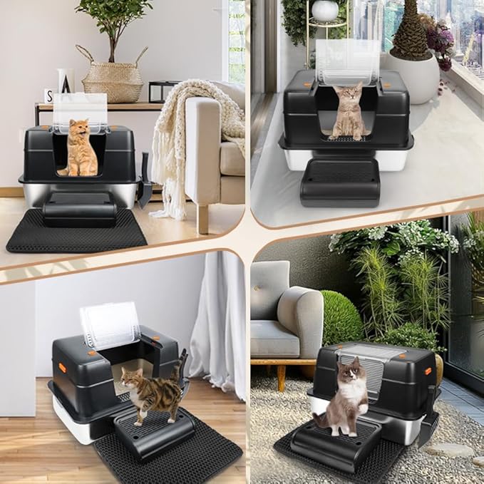 Vivifying Stainless Steel Litter Box, XL Side Entry Extra Large Litter Box with Lid for Big Cats &amp; Kitty, Removable Enclosed Metal Cat Pan with High Sided Enclosure, Scoop, Mat, Footboard (Black)