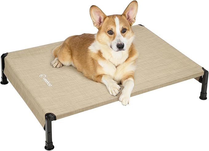 Veehoo Cooling Outdoor Dog Bed, Heavy Duty Elevated Pet Bed with Washable &amp; Breathable Teslin Mesh, Non-Slip Silicon Feet, Dog Cot Bed with Support Hem, 35" x 22", Beige Coffee, CWC2433