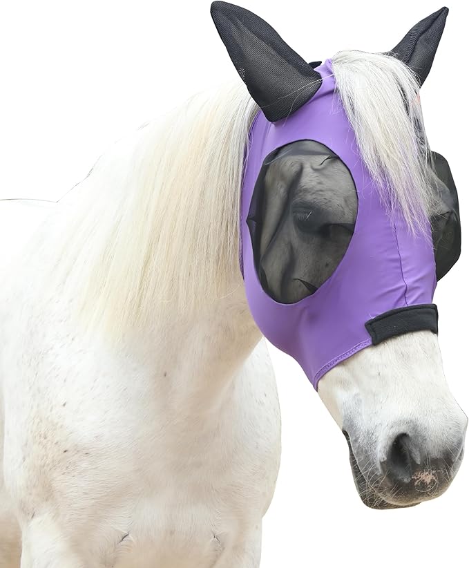 Stretchy Horse Fly Mask for Horses, Soft Lycra Equine Mesh Mask, Elasticity Horse Face Covering, Breathable&amp;UV Protection, Violet, Cob