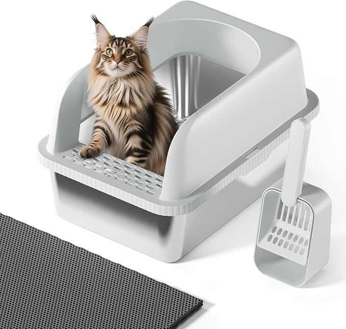 Stainless Steel Cat Litter Box with Lid, 20" L x 14.2" W x11.8 H, Large Cat Litter Box for Multiple Cats with High Sided, No-Leak &amp; Stick, Easy to Clean, Includes Litter Mat &amp; Multi Functional Scoop