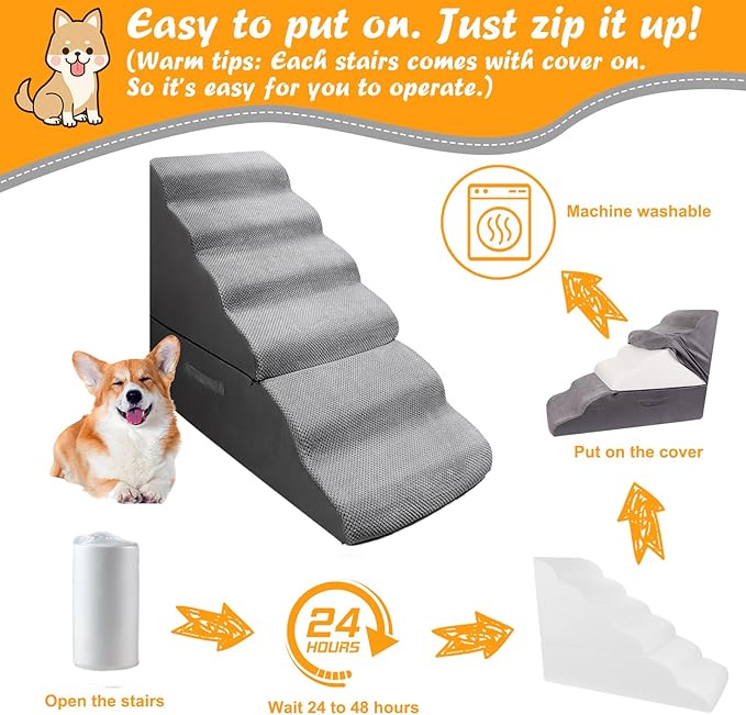Dog Stairs&amp;Steps for 30 Inches High Bed Up to 30-36 Inch Tall, Pet Cat Ramp Ladder for Small Dogs, Doggie, Old Cats, Kitty, Small Animals Grey