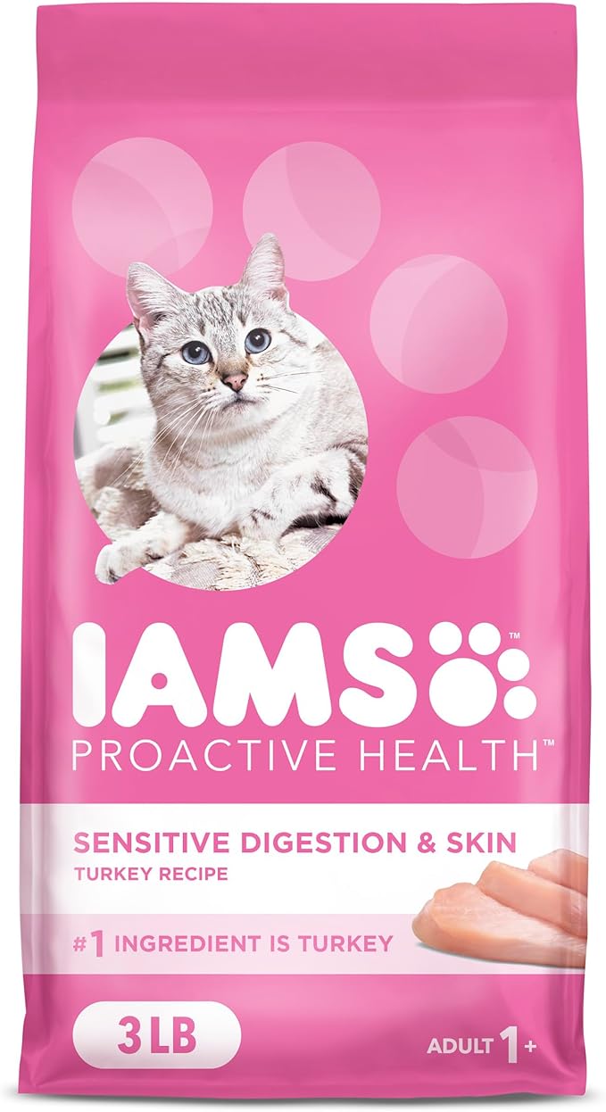 Iams IAMS PROACTIVE HEALTH Adult Sensitive Digestion &amp; Skin Dry Cat Food with Real Turkey Cat Kibble, 3 lb. Bag