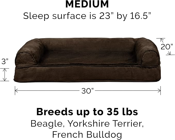 Furhaven Orthopedic Dog Bed for Medium/Small Dogs w/ Removable Bolsters &amp; Washable Cover, For Dogs Up to 35 lbs - Plush &amp; Suede Sofa - Espresso, Medium