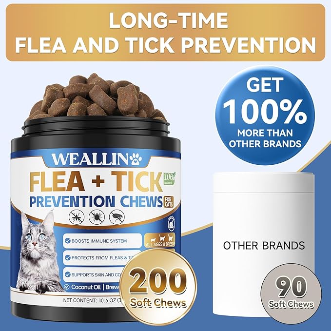 Flea and Tick Prevention for Cats, 200 Soft Chews for Fleas Treatment for Cats, Natural Cat Oral Flea Chewables Support Supplement, Flea and Tick Chews for All Breeds &amp; Sizes