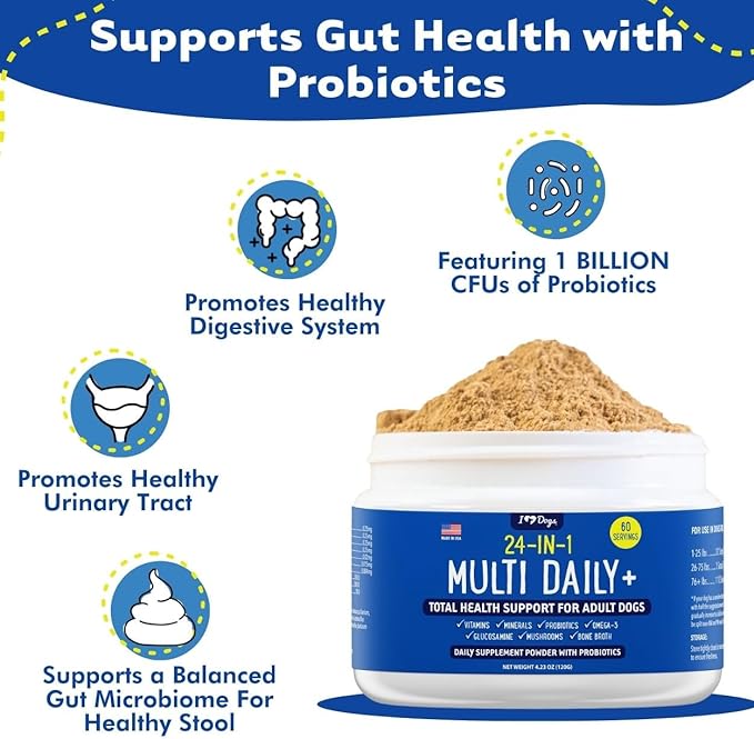 iHeartDogs 24-in-1 Adult Dog Multivitamin Daily+ Total Health Support Powder with Probiotics, Omega-3, Glucosamine, Mushrooms &amp; Bone Broth - 60 Servings