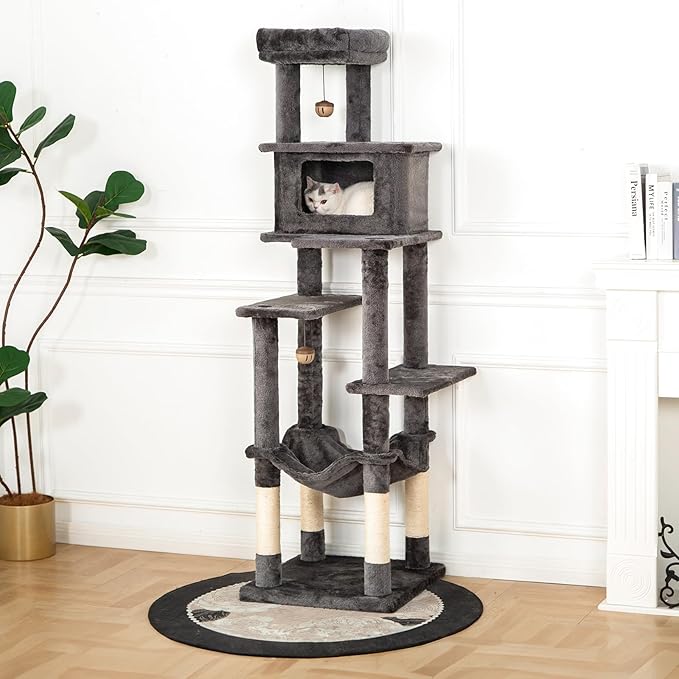 KITTY KINGDOM 65in Large Cat Tree Condo Furniture for Indoor Kitties, Multi-Level Cat Tower with 4 Scratching Posts, Cat Cave, Hammock, Perch &amp; Reinforced Base, Plush Gray