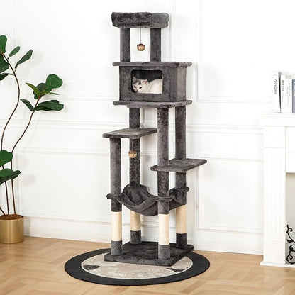 KITTY KINGDOM 65in Large Cat Tree Condo Furniture for Indoor Kitties, Multi-Level Cat Tower with 4 Scratching Posts, Cat Cave, Hammock, Perch &amp; Reinforced Base, Plush Gray