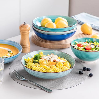vancasso Bonita Dinnerware Set 24 Pieces Blue Stoneware Service for 6, Handpainted Spirals Pattern Stoneware Combination Set