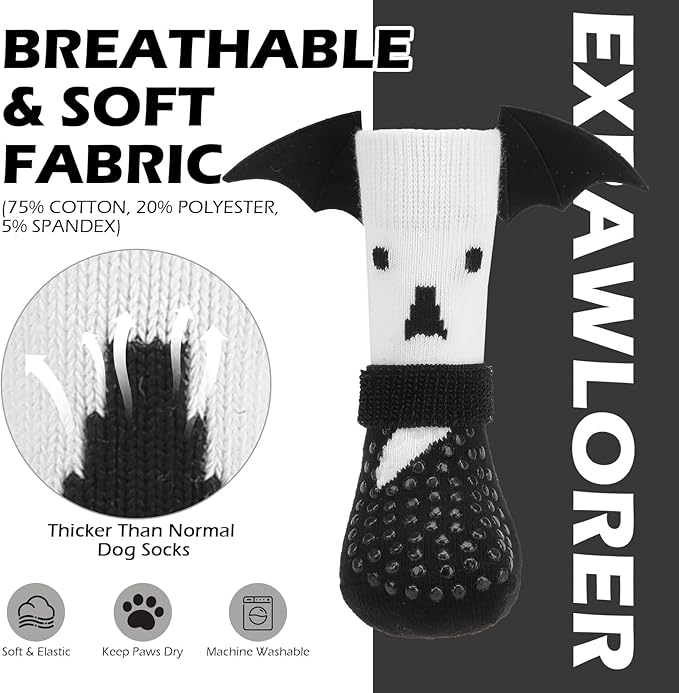 EXPAWLORER Halloween Anti Slip Dog Socks to Prevent Licking Paws, Boots &amp; Paw Protectors with Grippers,Doggie Booties for Hardwood Floors for Small Medium Large Senior Dogs Costume White Ghost Wings S